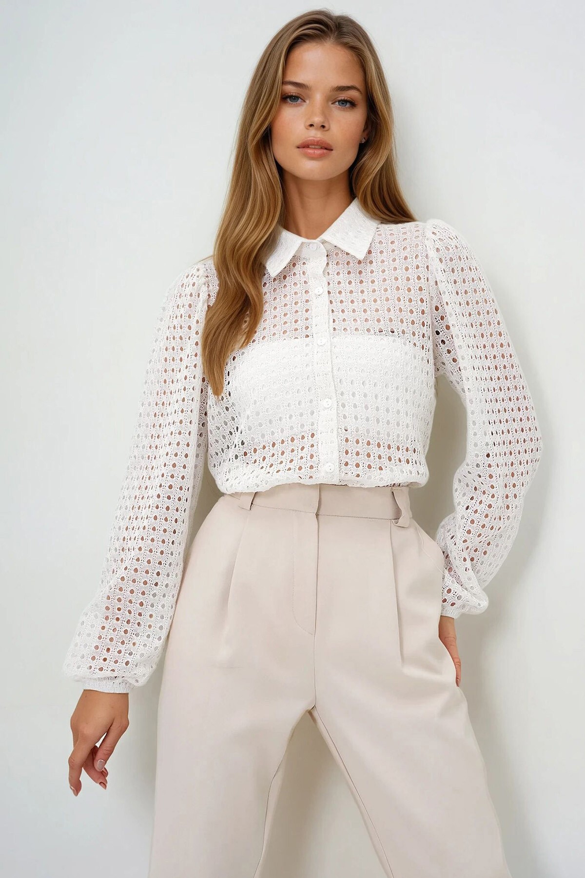 Opak Beyaz Güpür Dokuma Premıum Gömlek