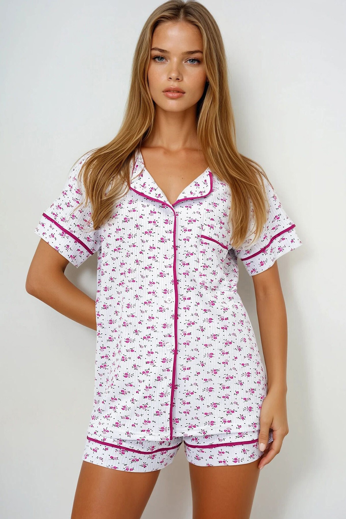 Papatya Desen Fuşya Tek Cepli Biye Detaylı Pamuklu Gömlek Ve Şortlu Pijama Takımı