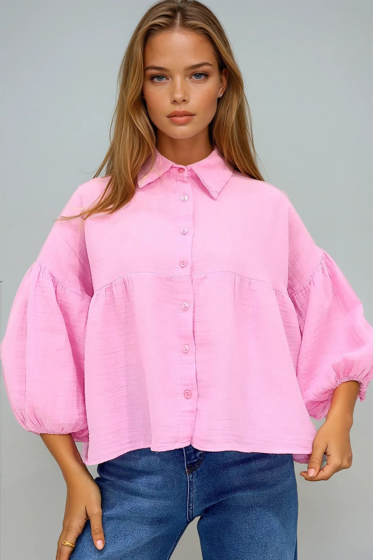 Pembe Balon Kol Lastikli Eteği Volanlı Keten Gömlek