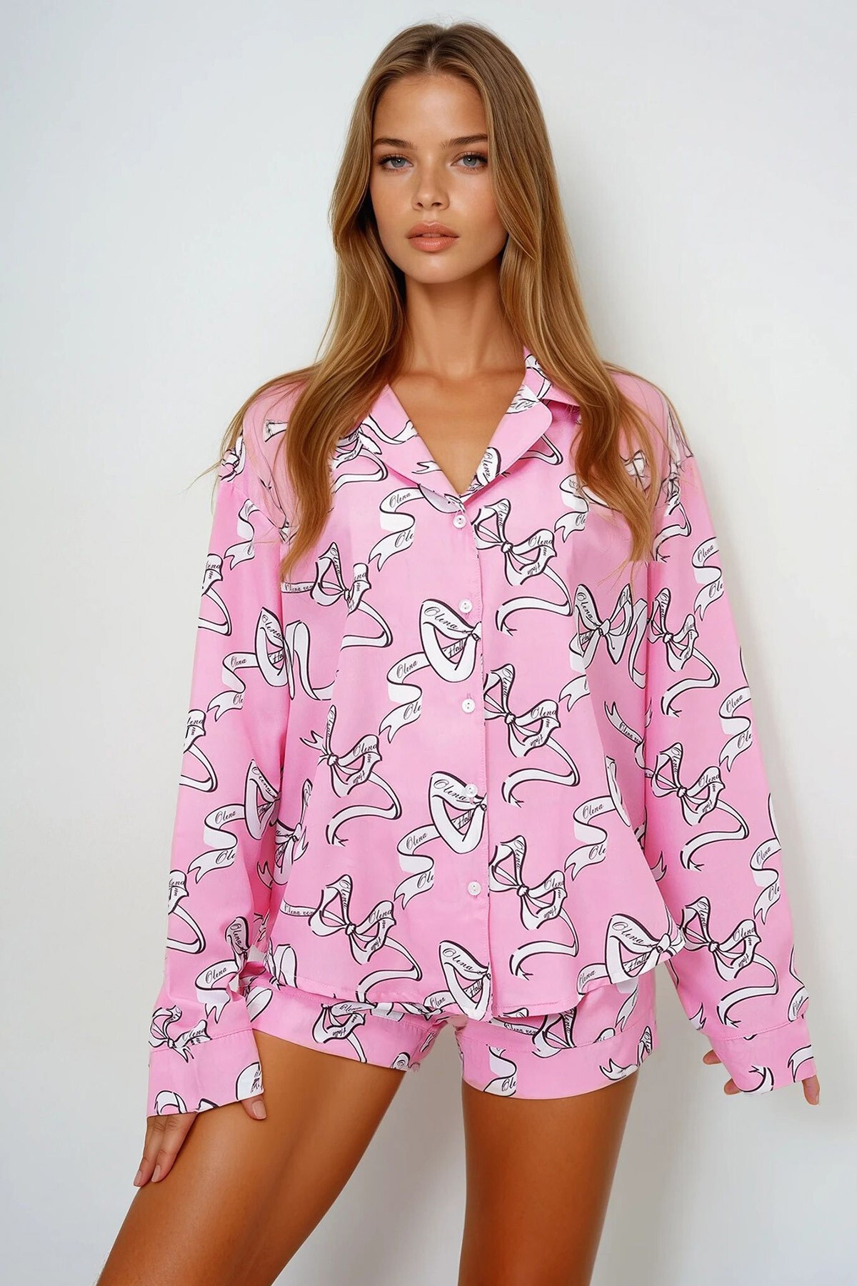 Pembe Beyaz Duble Manşet Ve Paça Detaylı Dokuma Gömlek Ve Şortlu Pijama Takımı