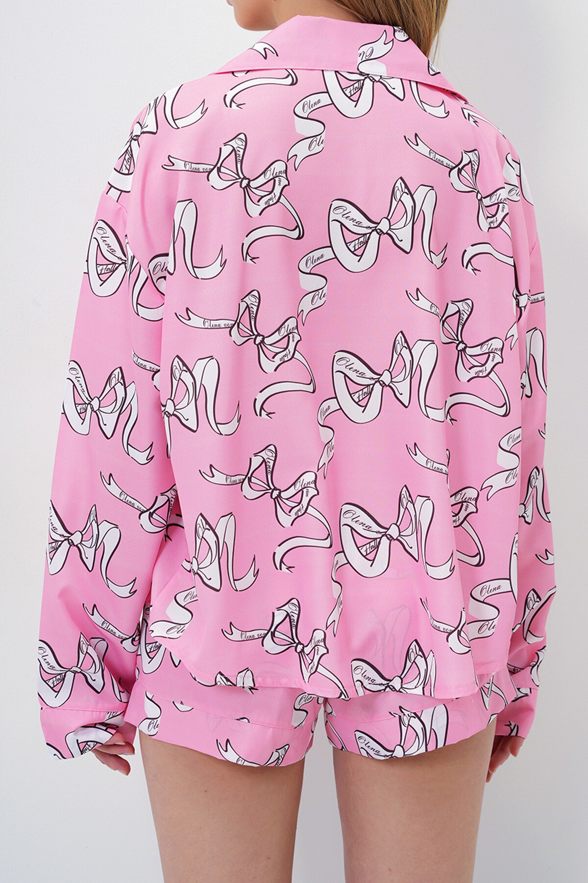 Pembe Beyaz Duble Manşet Ve Paça Detaylı Dokuma Gömlek Ve Şortlu Pijama Takımı