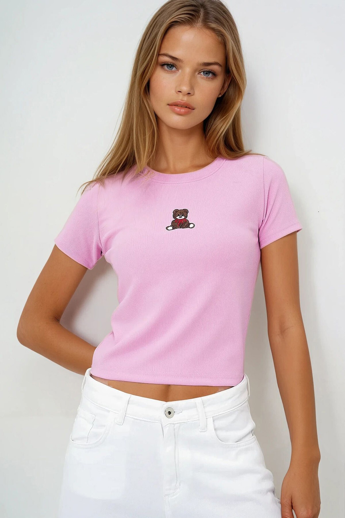 Pembe Bisiklet Yaka Ayıcık Baskılı Crop Bluz