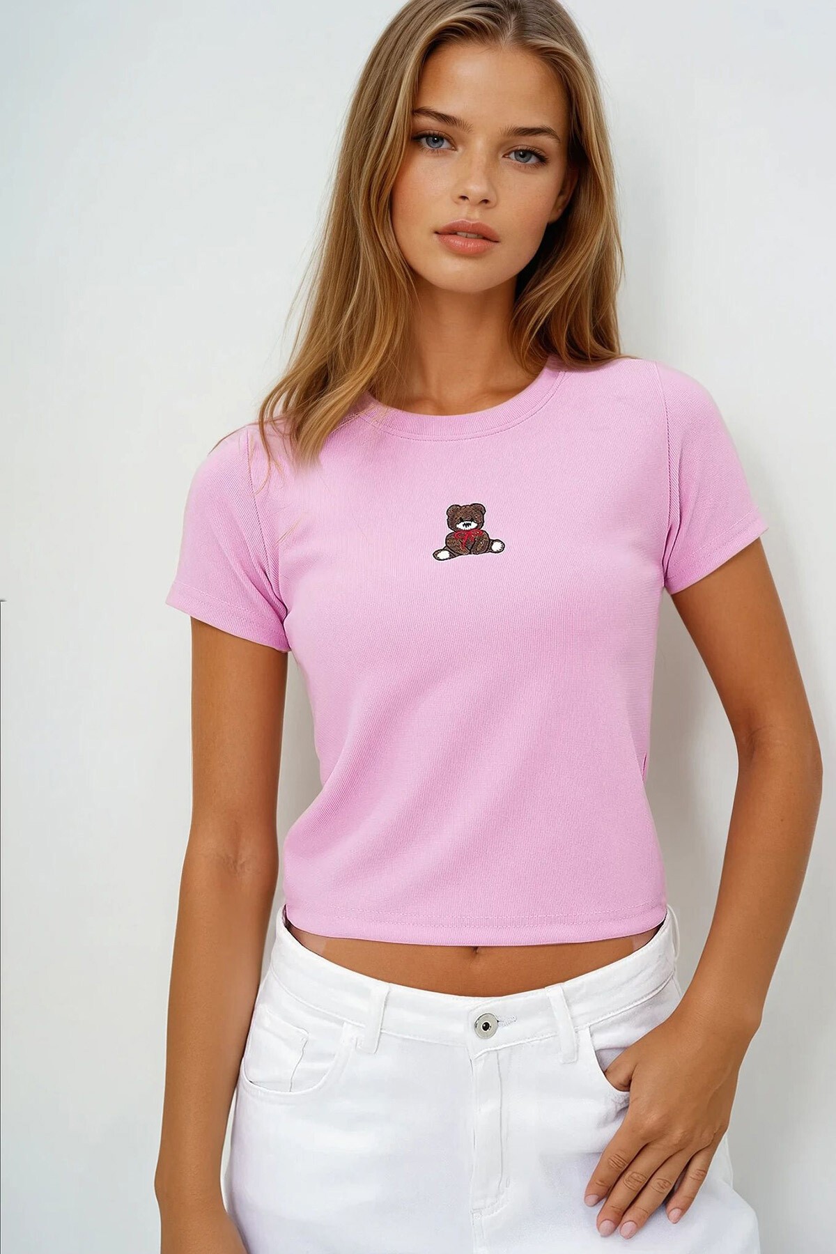 Pembe Bisiklet Yaka Ayıcık Baskılı Crop Bluz