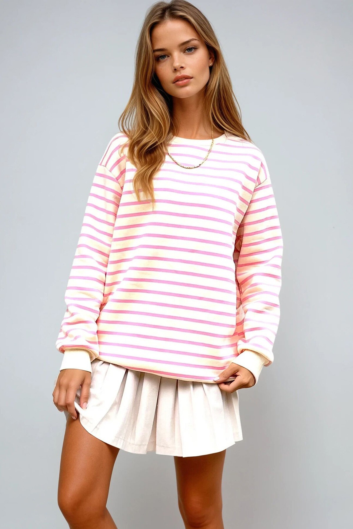 Pembe Bisiklet Yaka Çizgili 3 İplik İçi Şardonlu Sweatshirt