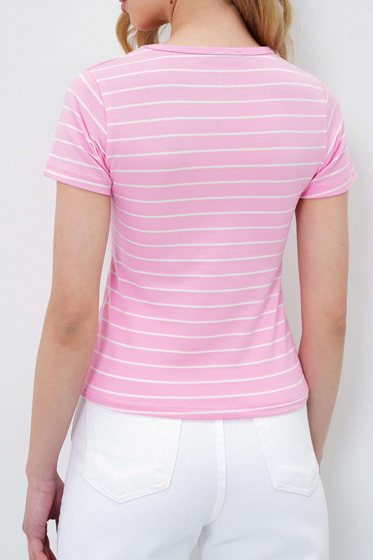 Pembe Bisiklet Yaka Çizgili T Shırt