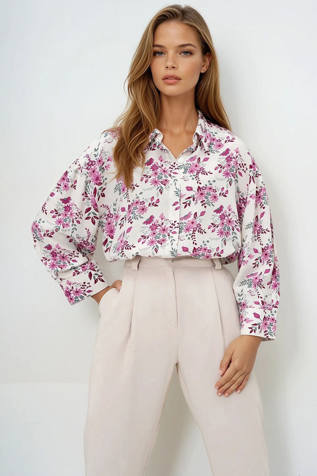 Pembe Çiçekli Balon Kol Desenli Baskılı Viscon Dokuma Gömlek