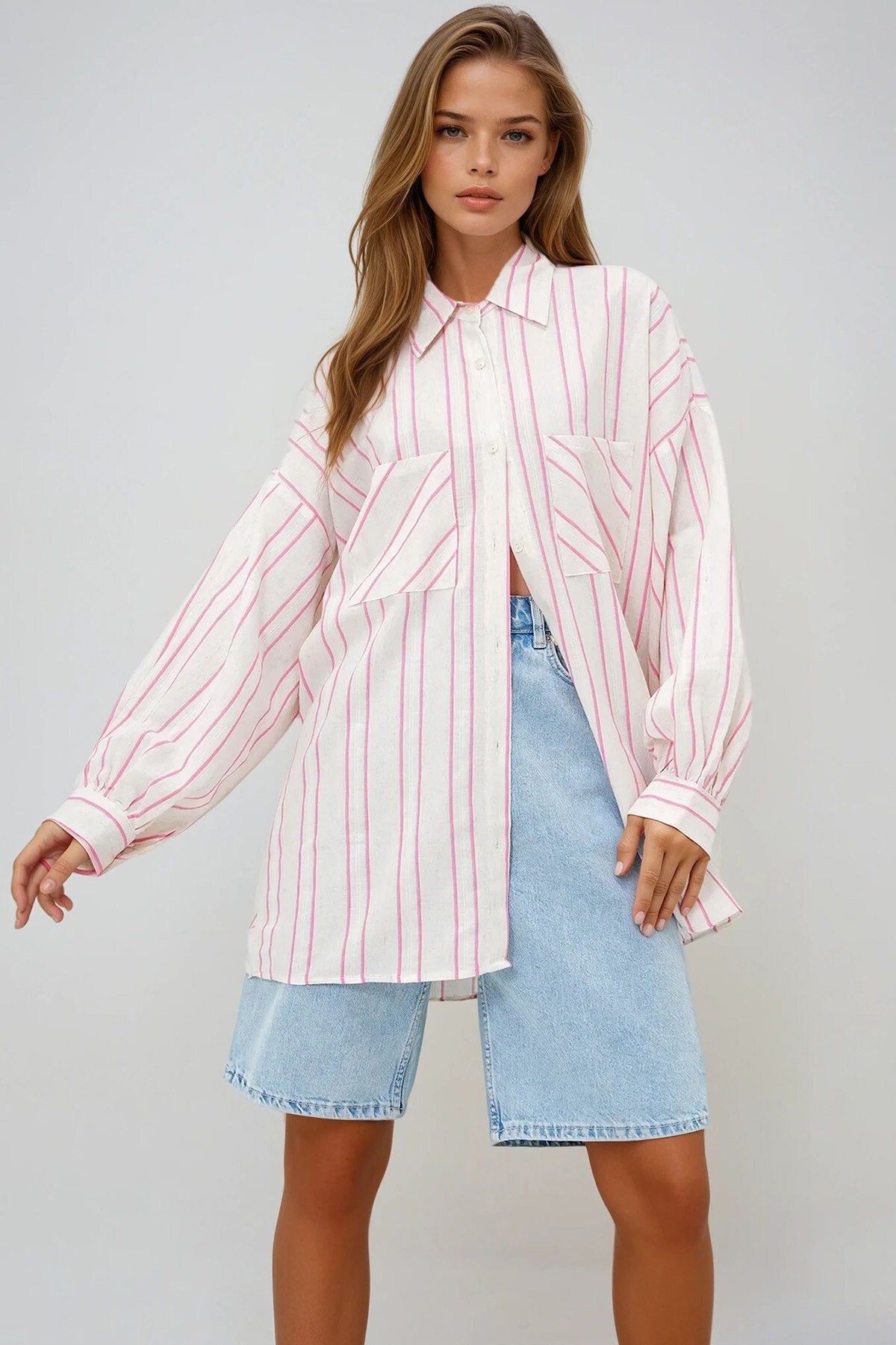 Pembe Çift Cepli Keten Karışımlı Oversize Çizgili Gömlek