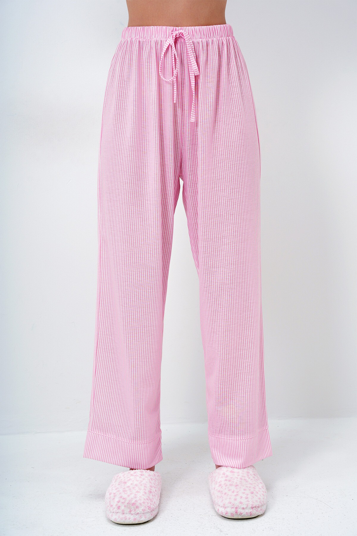 Pembe Duble Kol Ve Paça Detaylı Çizgili Gömlek Ve Pantolonlu Pijama Takımı