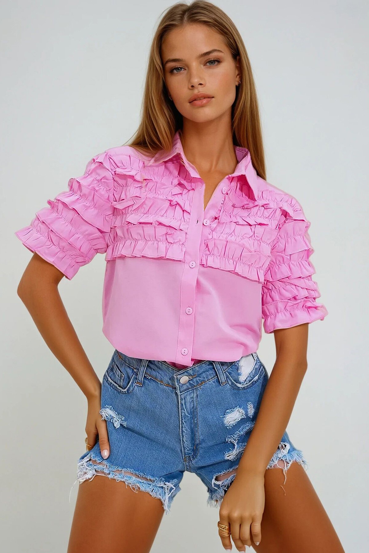 Pembe Fırfırlı Kısa Kol Gömlek