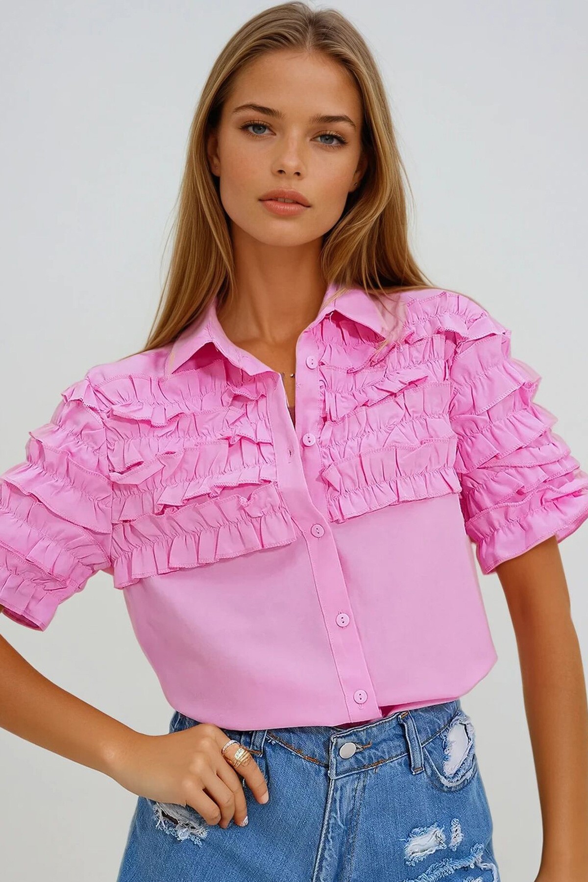 Pembe Fırfırlı Kısa Kol Gömlek