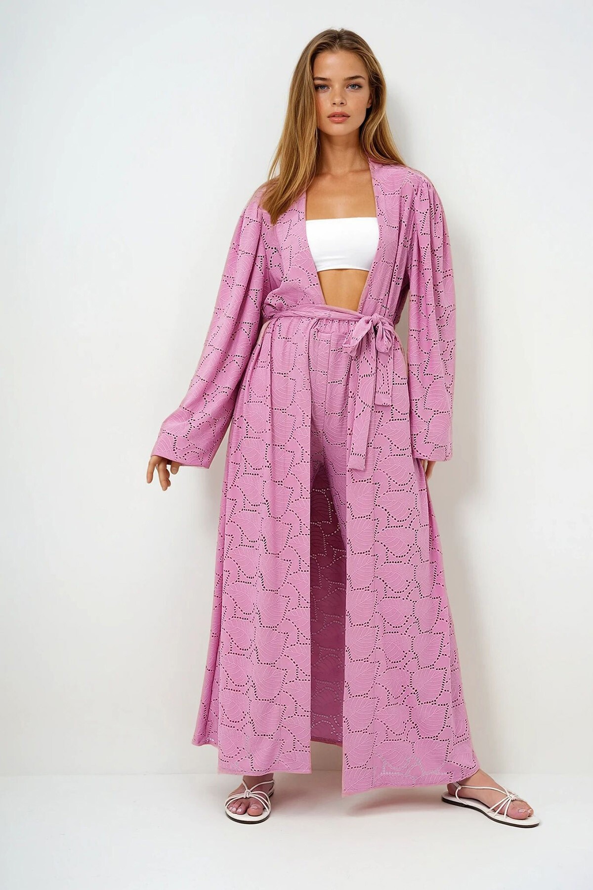 Pembe Kendinden Dokulu Ajurlu Uzun Pantolonlu Kimono Takım