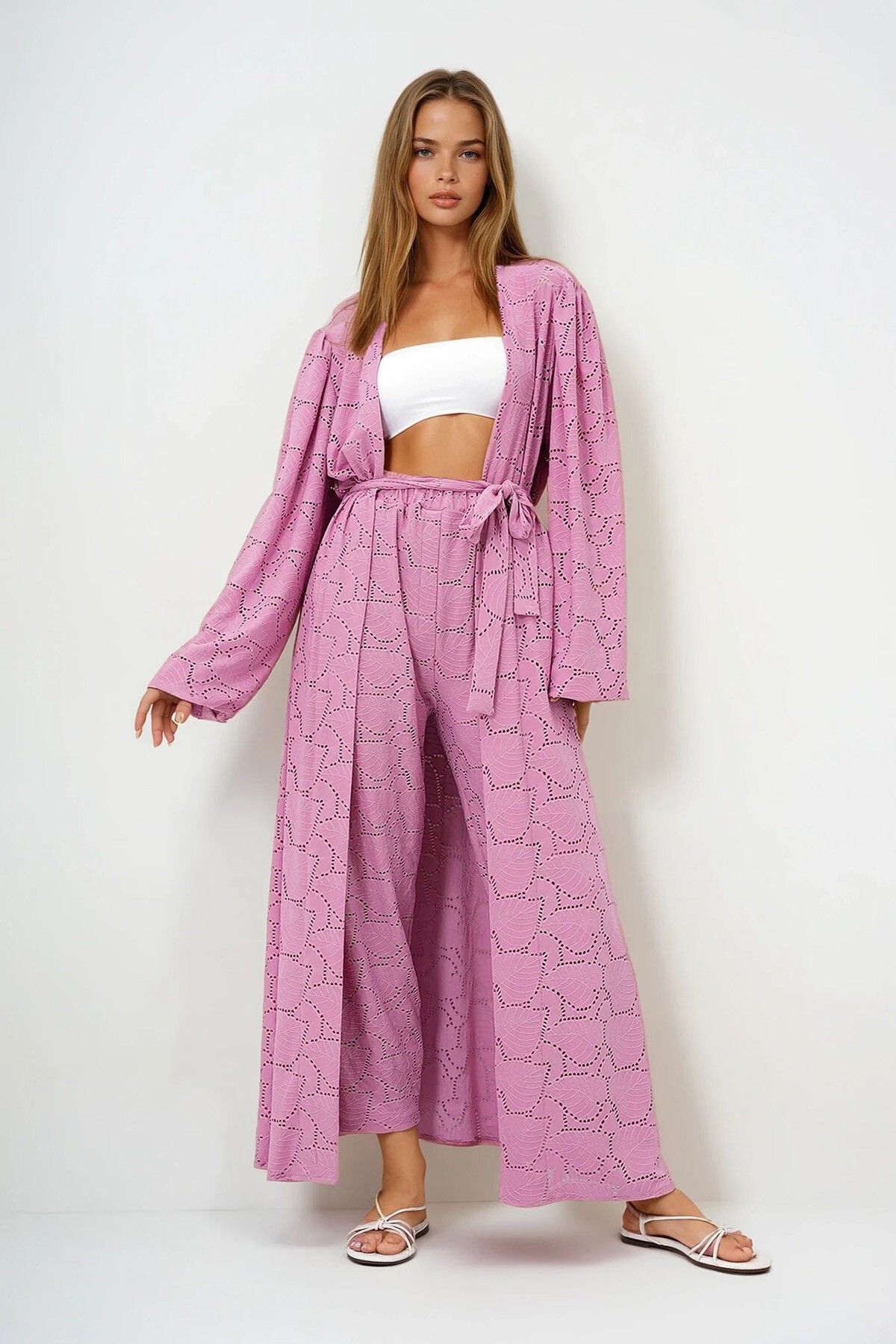 Pembe Kendinden Dokulu Ajurlu Uzun Pantolonlu Kimono Takım