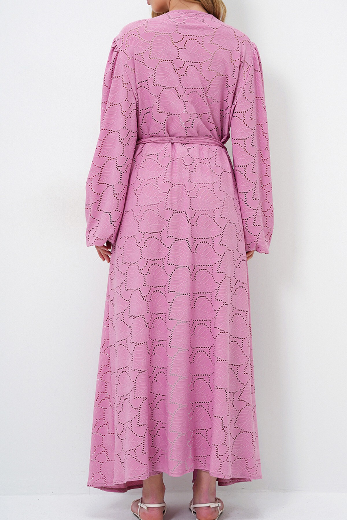 Pembe Kendinden Dokulu Ajurlu Uzun Pantolonlu Kimono Takım