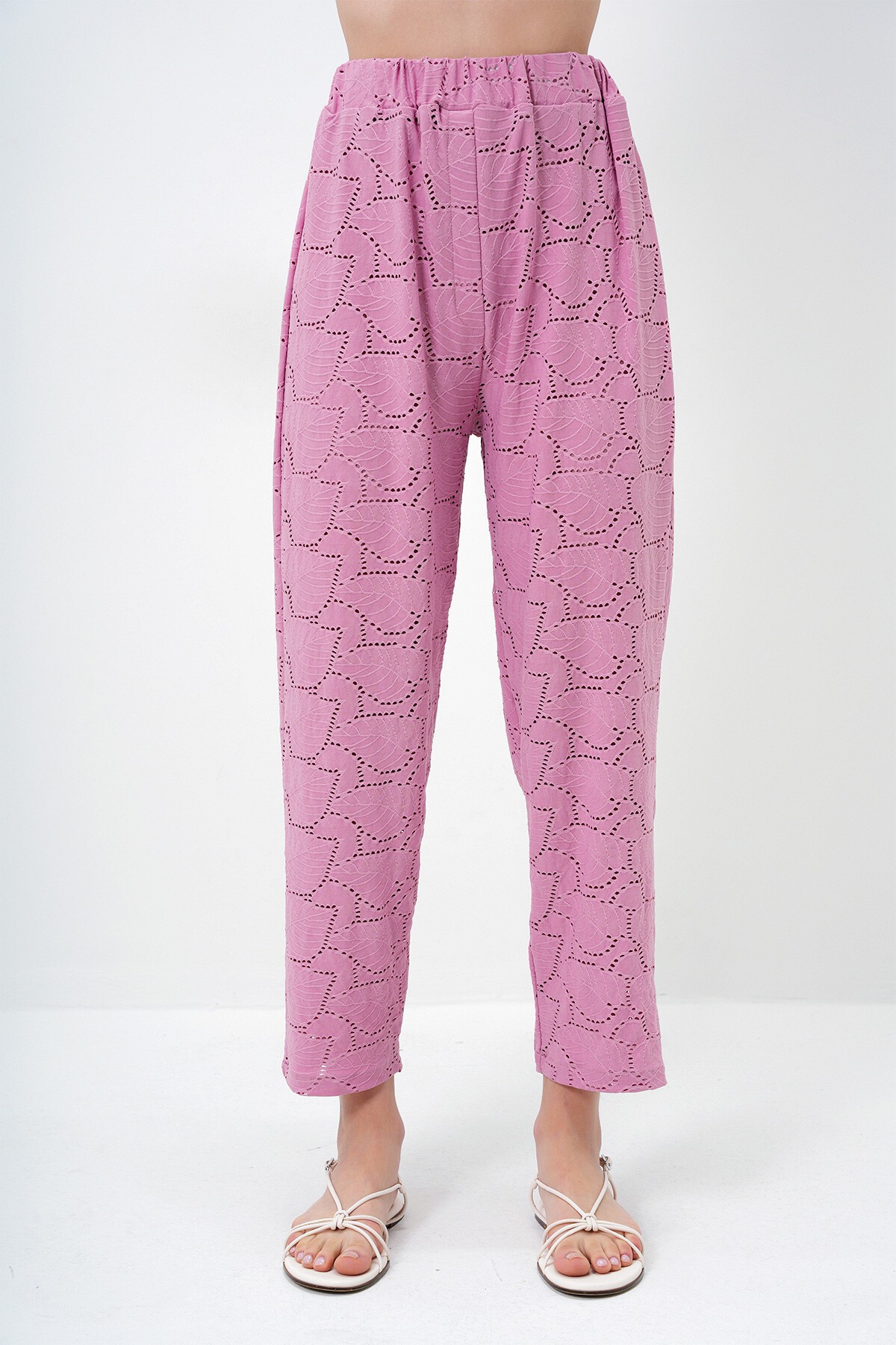 Pembe Kendinden Dokulu Ajurlu Uzun Pantolonlu Kimono Takım