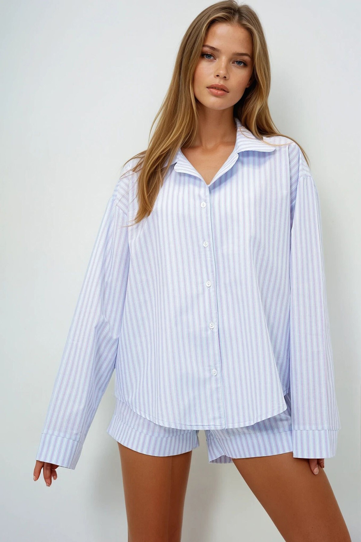 Pembe Mavi Duble Manşet Ve Paça Detaylı Dokuma Gömlek Ve Şortlu Pijama Takımı