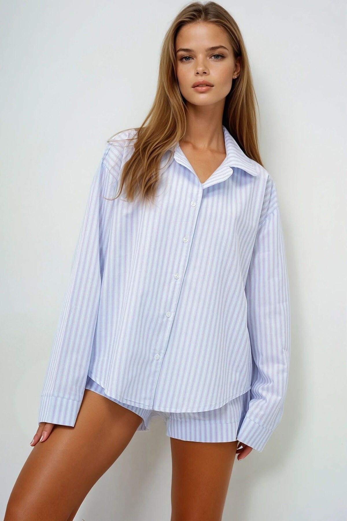 Pembe Mavi Duble Manşet Ve Paça Detaylı Dokuma Gömlek Ve Şortlu Pijama Takımı