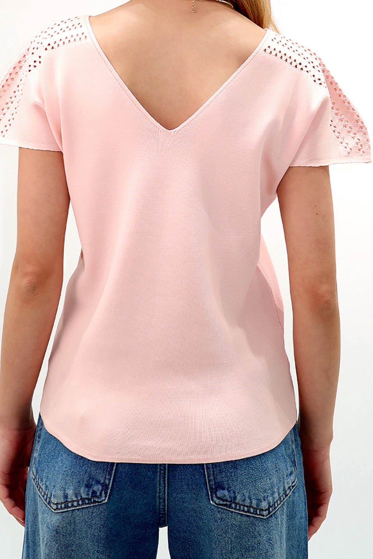 Pembe Ön Arka V Yaka Omuzu Ajurlu Triko Bluz