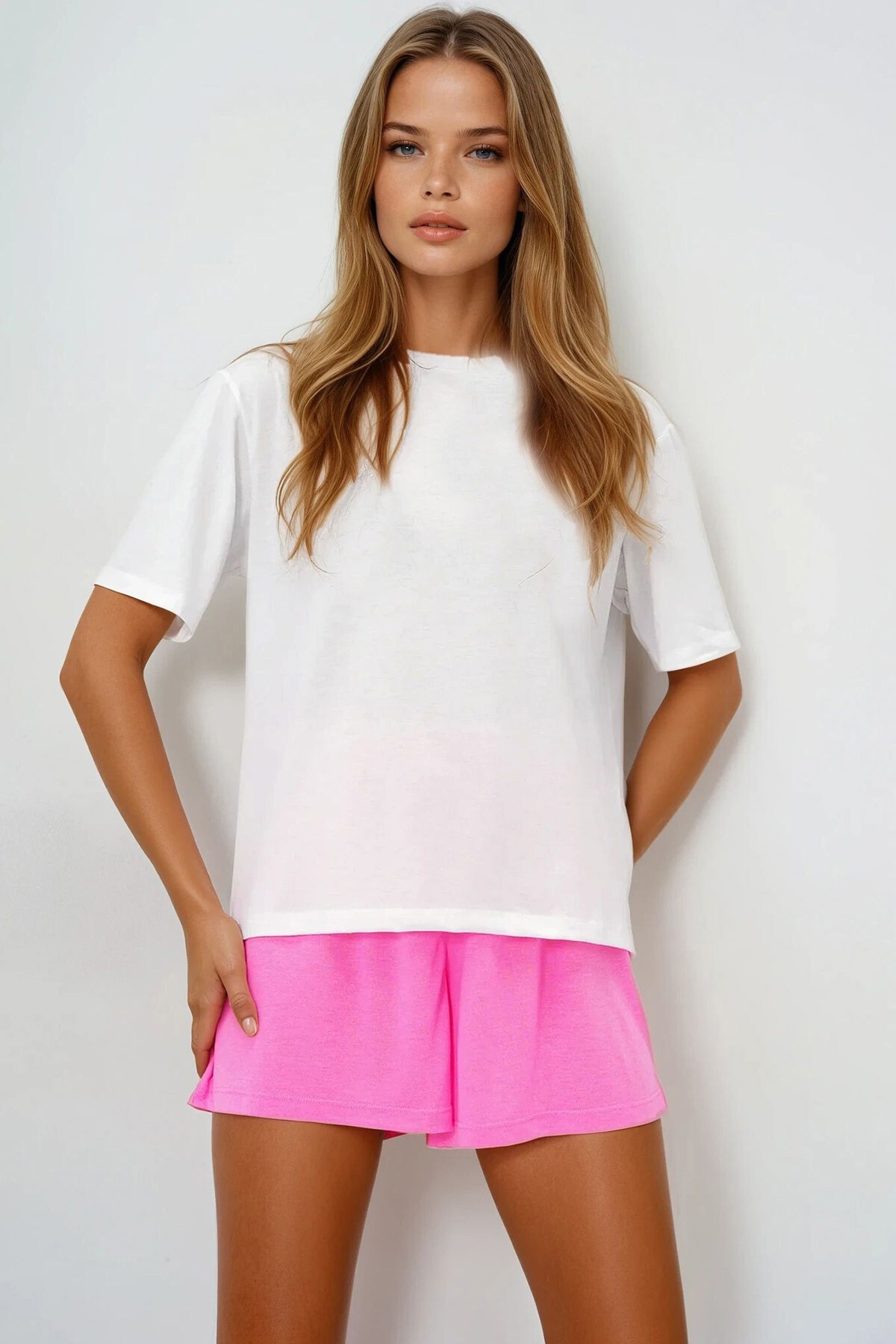 Pembe Pamuklu Basic T Shırt Ve Bağlamalı Şortlu Penye Alt Üst Takım