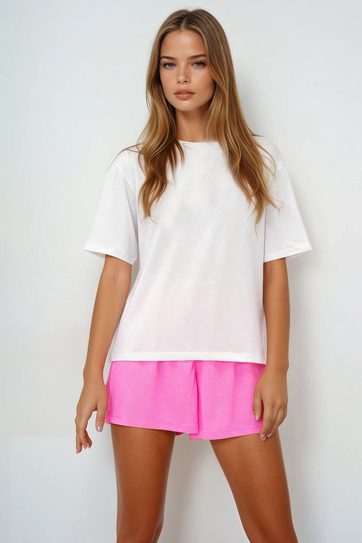 Pembe Pamuklu Basic T Shırt Ve Bağlamalı Şortlu Penye Alt Üst Takım