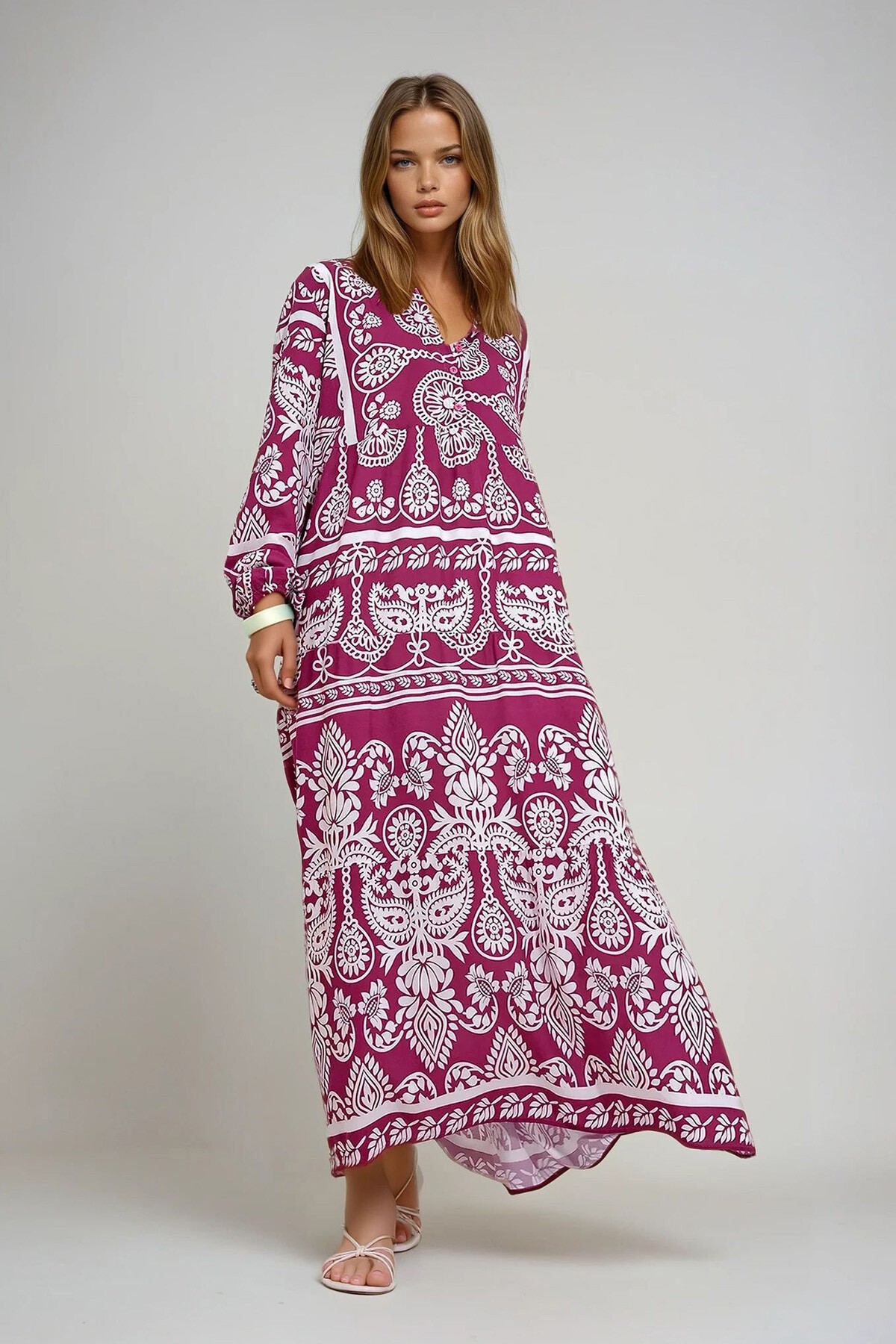 Pembe Robası Düğme Detaylı Volanlı Desenli Dokuma Viskon Elbise