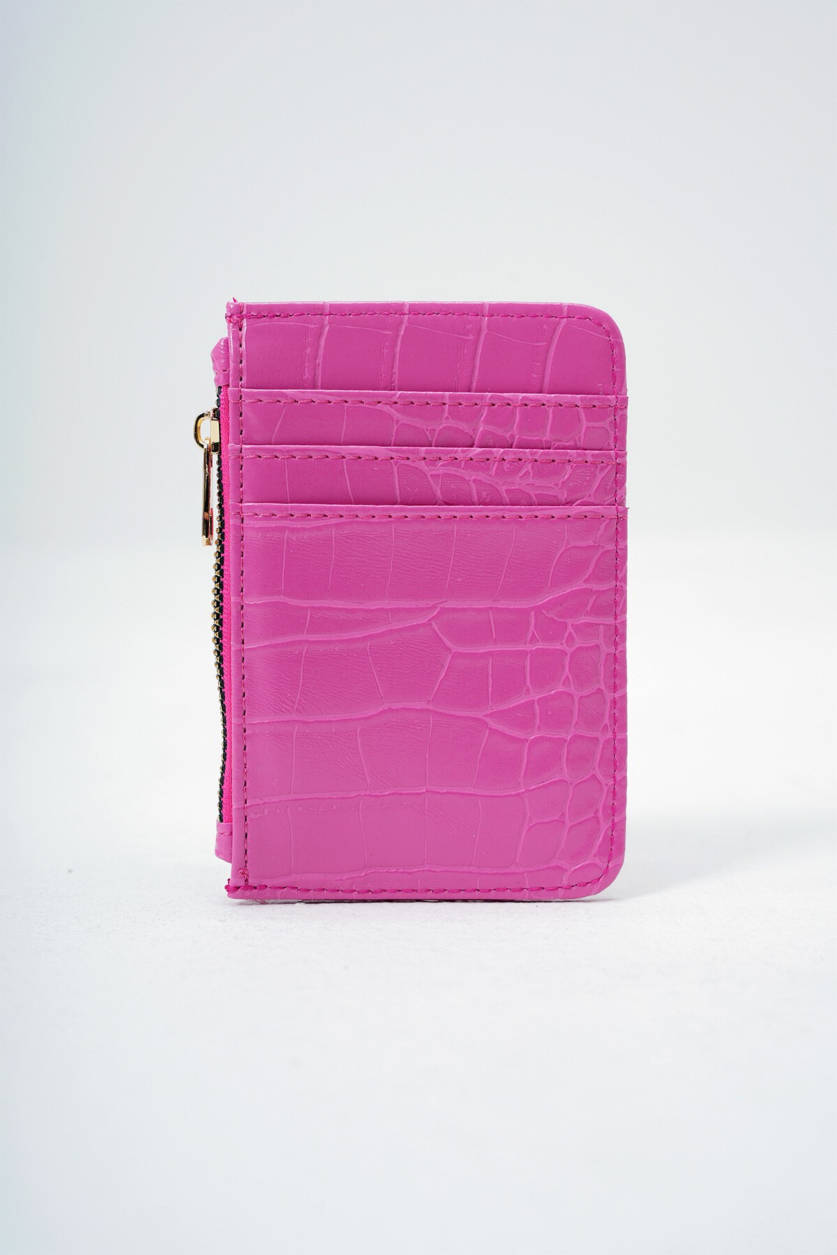 Pembe Suni Deri Bozuk Para Bölmeli Croco Desen Orta Boy Kartlık
