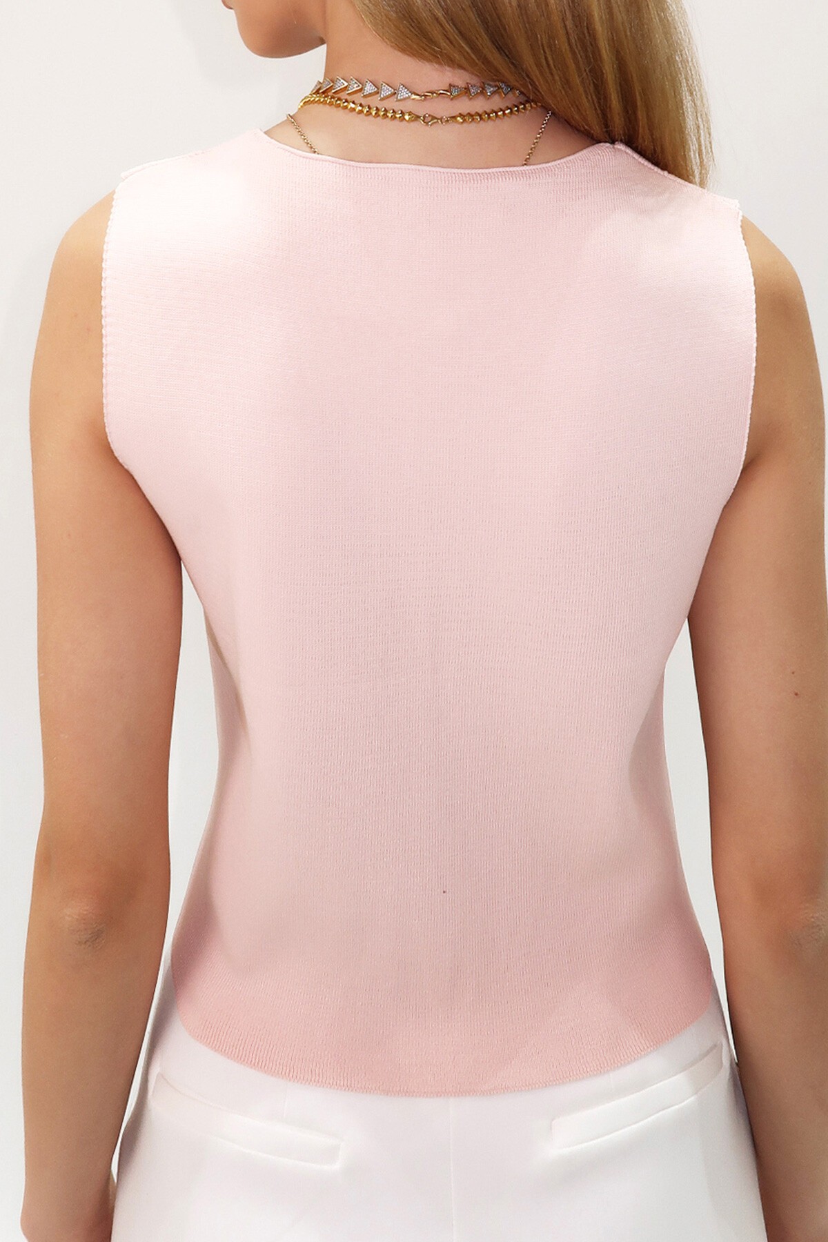 Pembe V Yaka Düğmeli Yazlık Triko Yelek