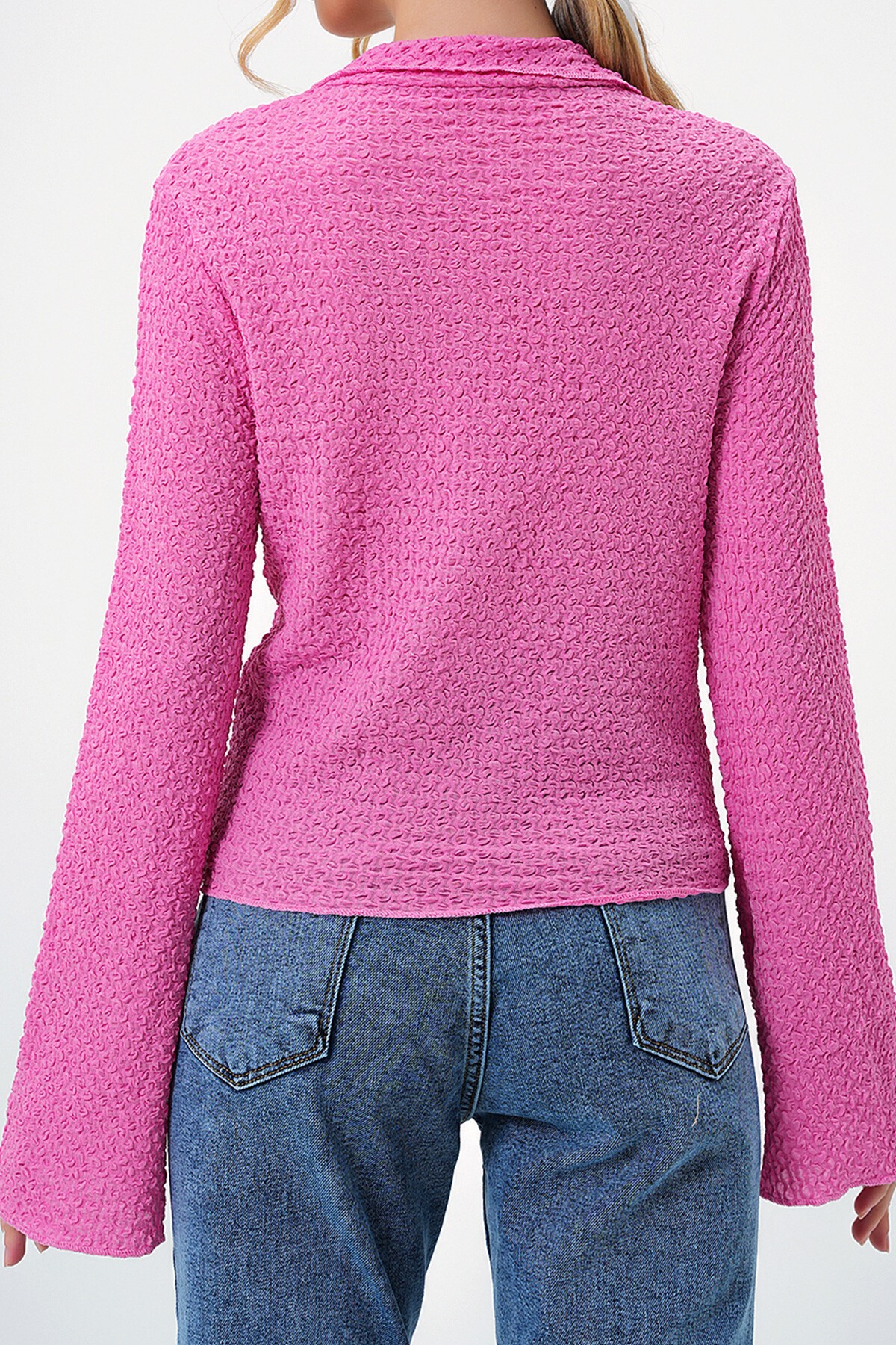 Pembe V Yaka İspanyol Kollu Gofre Kumaş Yazlık Gömlek