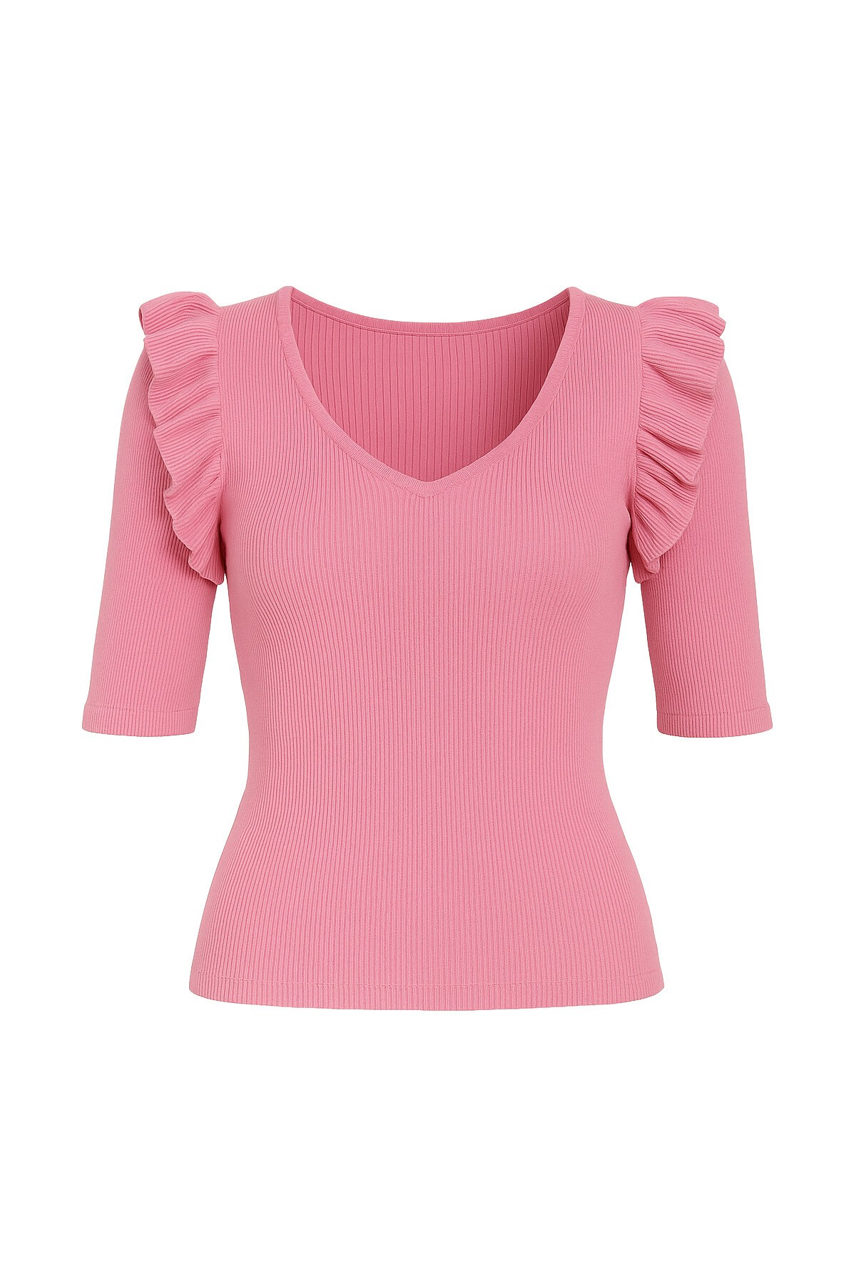 Pembe V Yaka Kolları Fırfırlı Triko Bluz