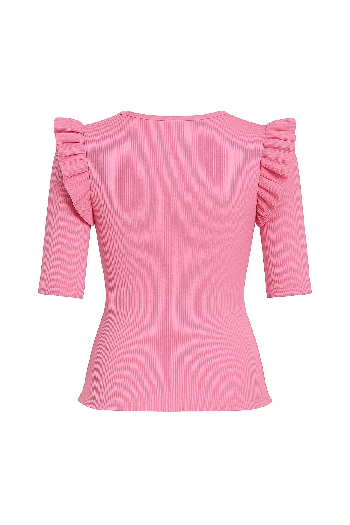 Pembe V Yaka Kolları Fırfırlı Triko Bluz