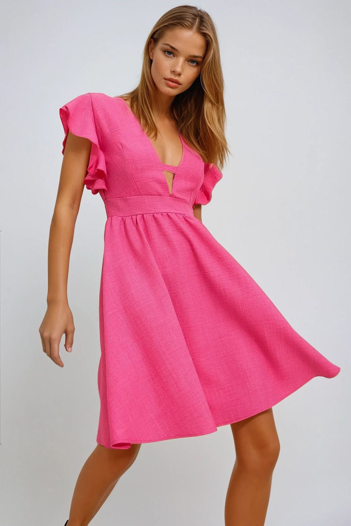 Pembe V Yaka Kolları Volanlı Sırtı Fermuarlı Aerobin Keten Dokuma Elbise