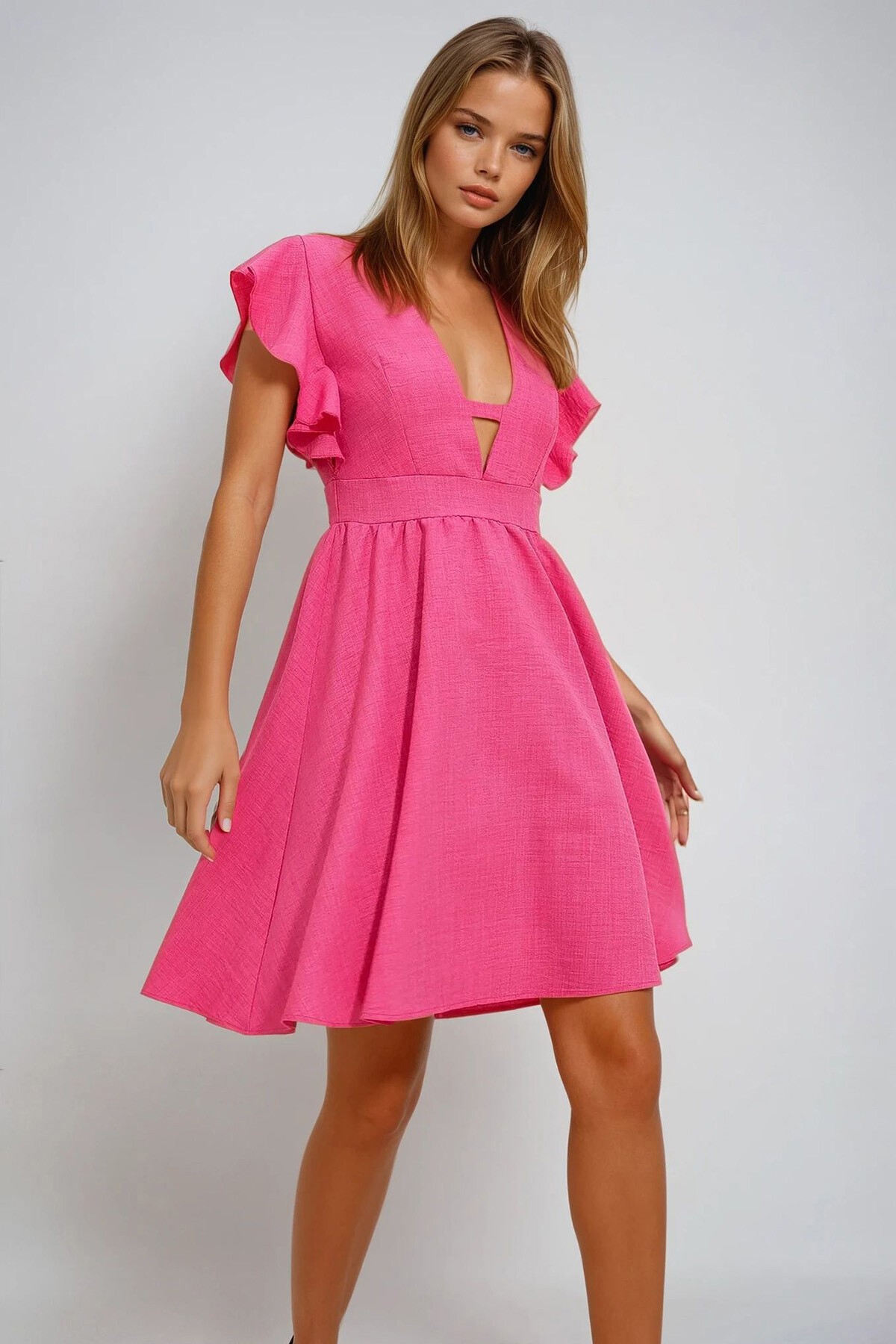 Pembe V Yaka Kolları Volanlı Sırtı Fermuarlı Aerobin Keten Dokuma Elbise