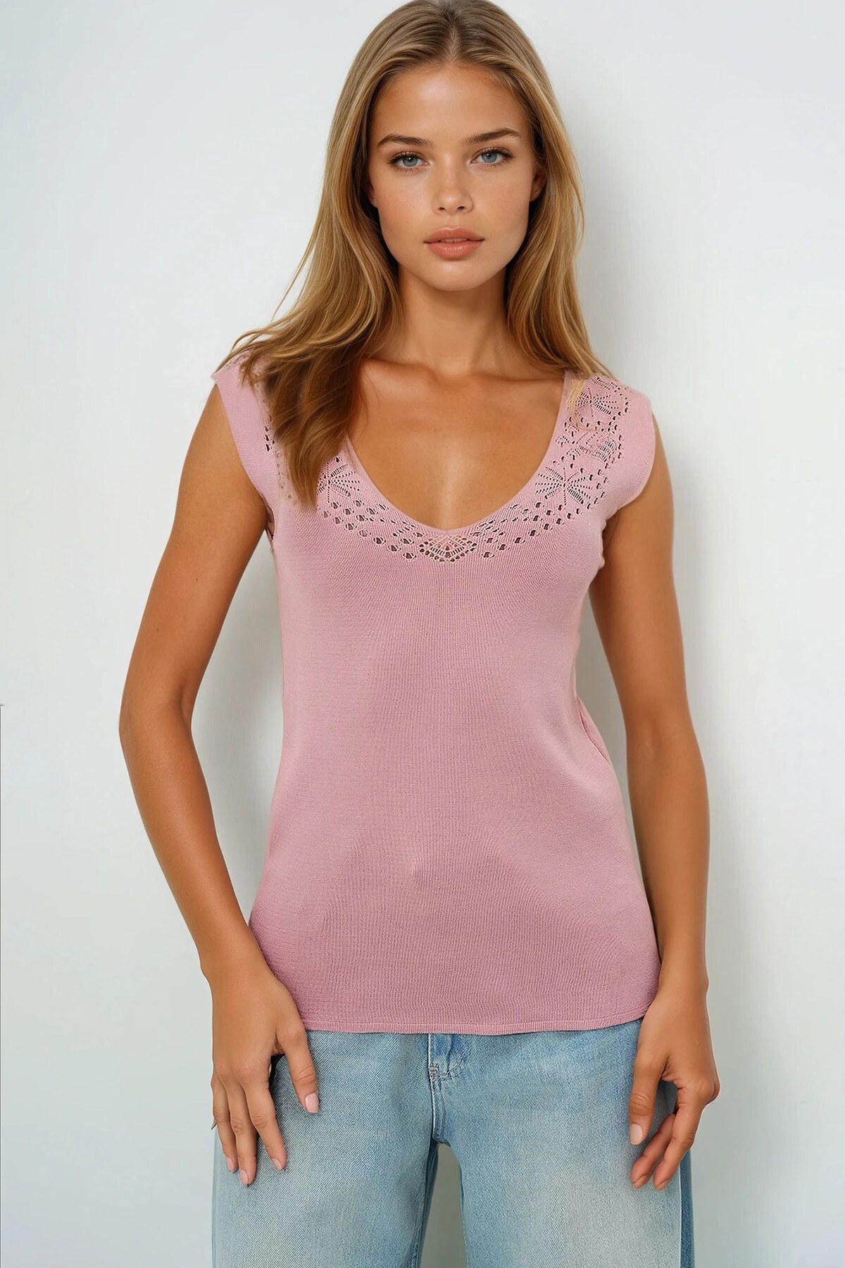 Pudra Ön Arka V Yaka Ajurlu Yazlık Triko Bluz