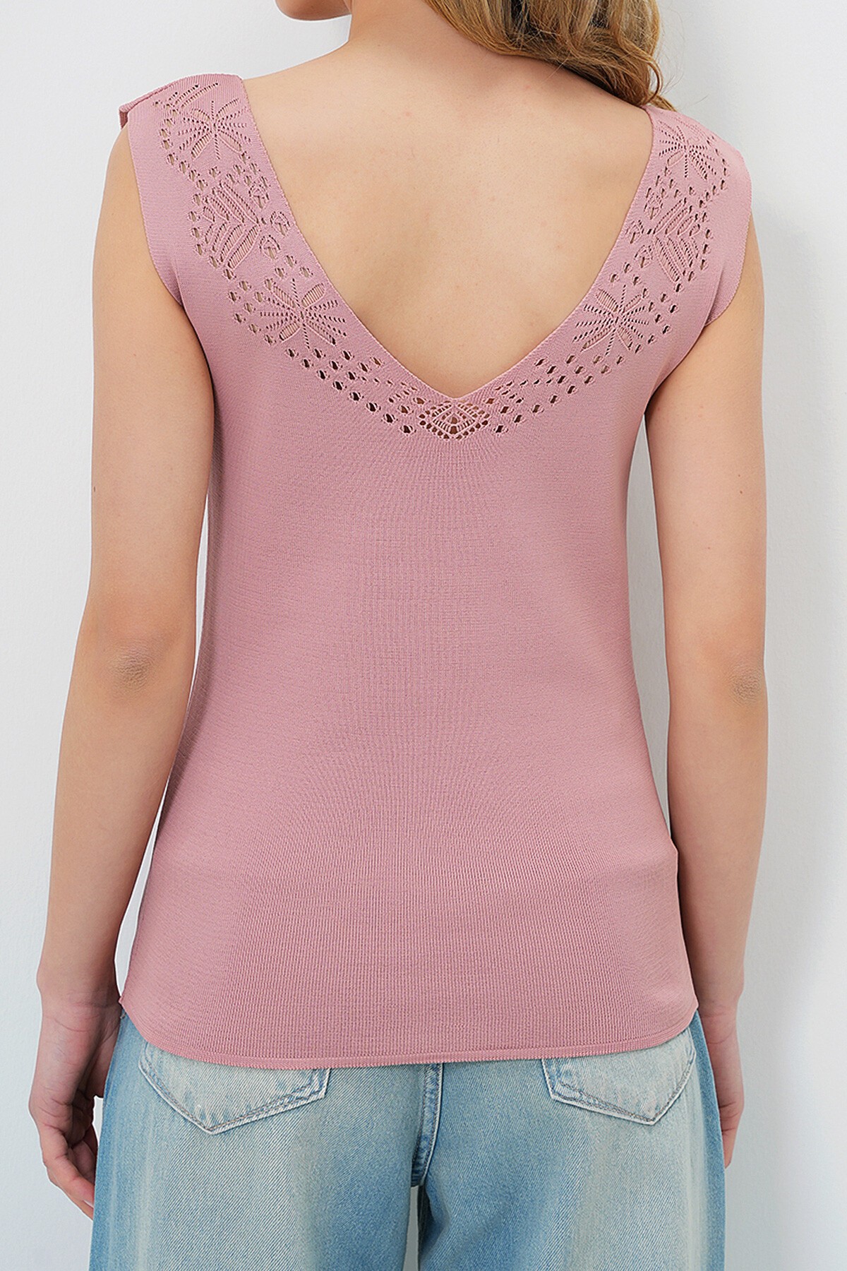Pudra Ön Arka V Yaka Ajurlu Yazlık Triko Bluz