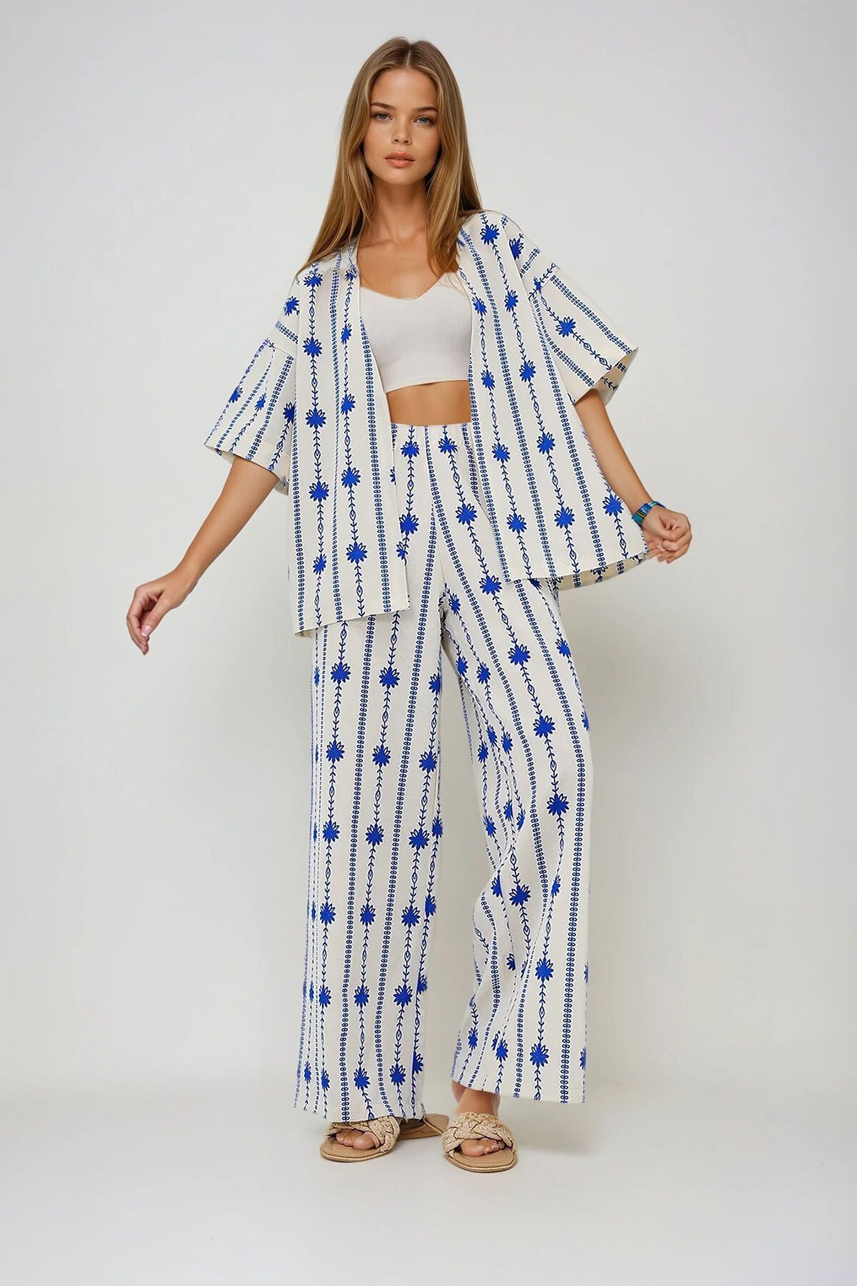 Saks Çiçek Desenli Duble Kol Kimono Ve Palazzo Pantolon Keten Takım