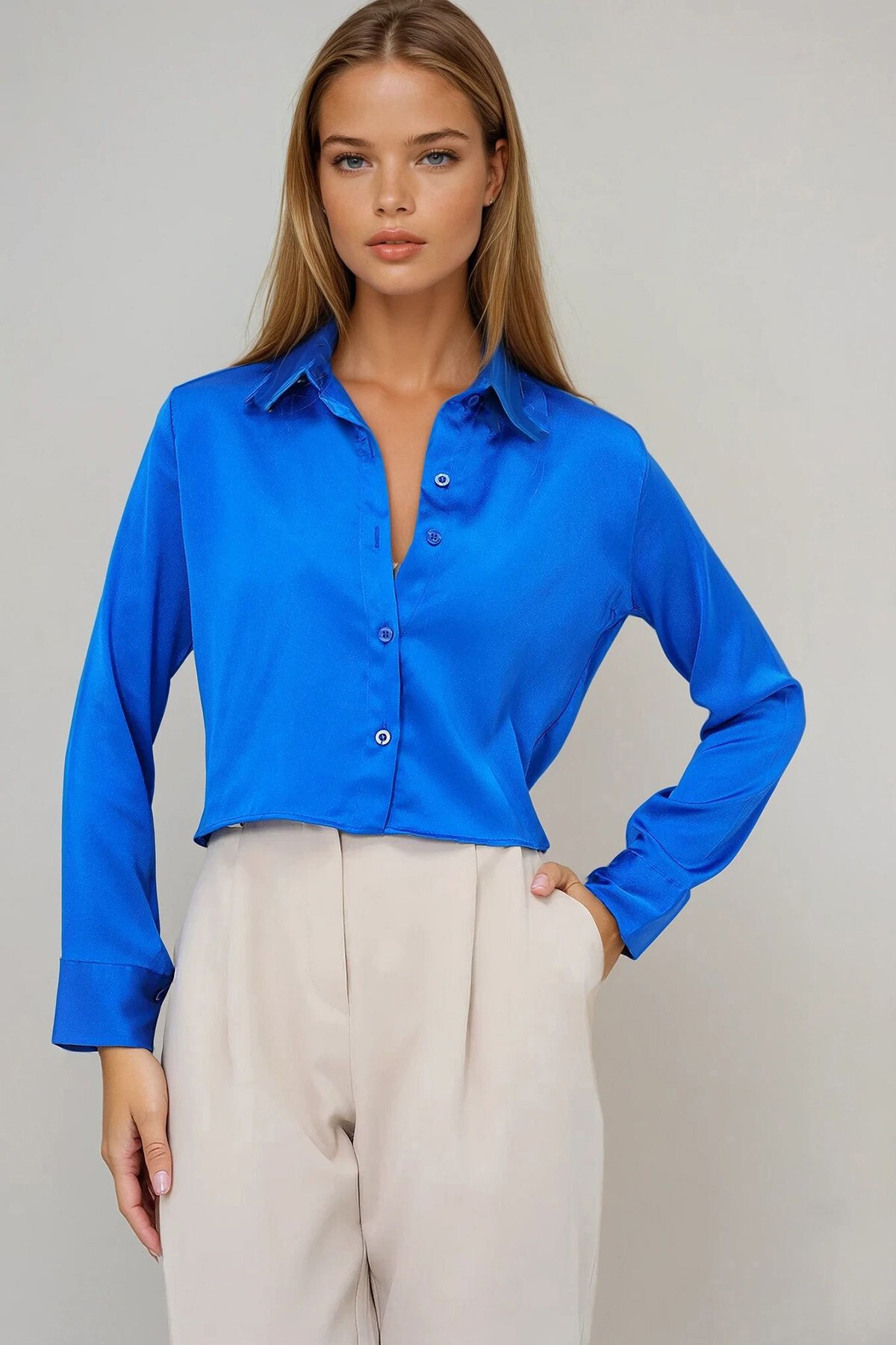 Saks Saten Crop Gömlek