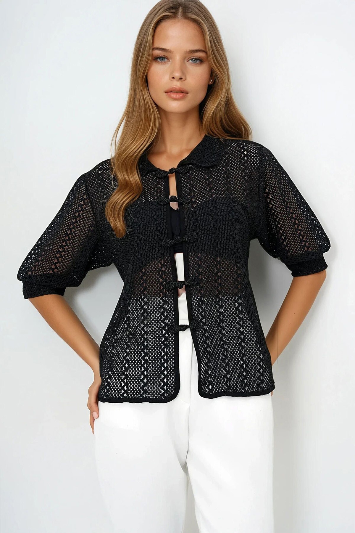 Siyah Bebe Yaka Prenses Kol Düğüm Kapamalı Yazlık Gömlek