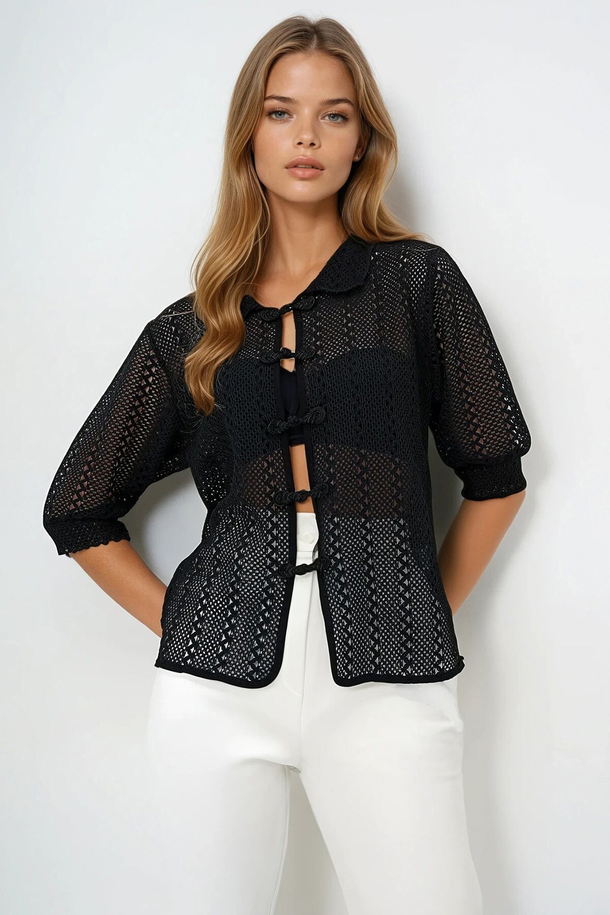 Siyah Bebe Yaka Prenses Kol Düğüm Kapamalı Yazlık Gömlek