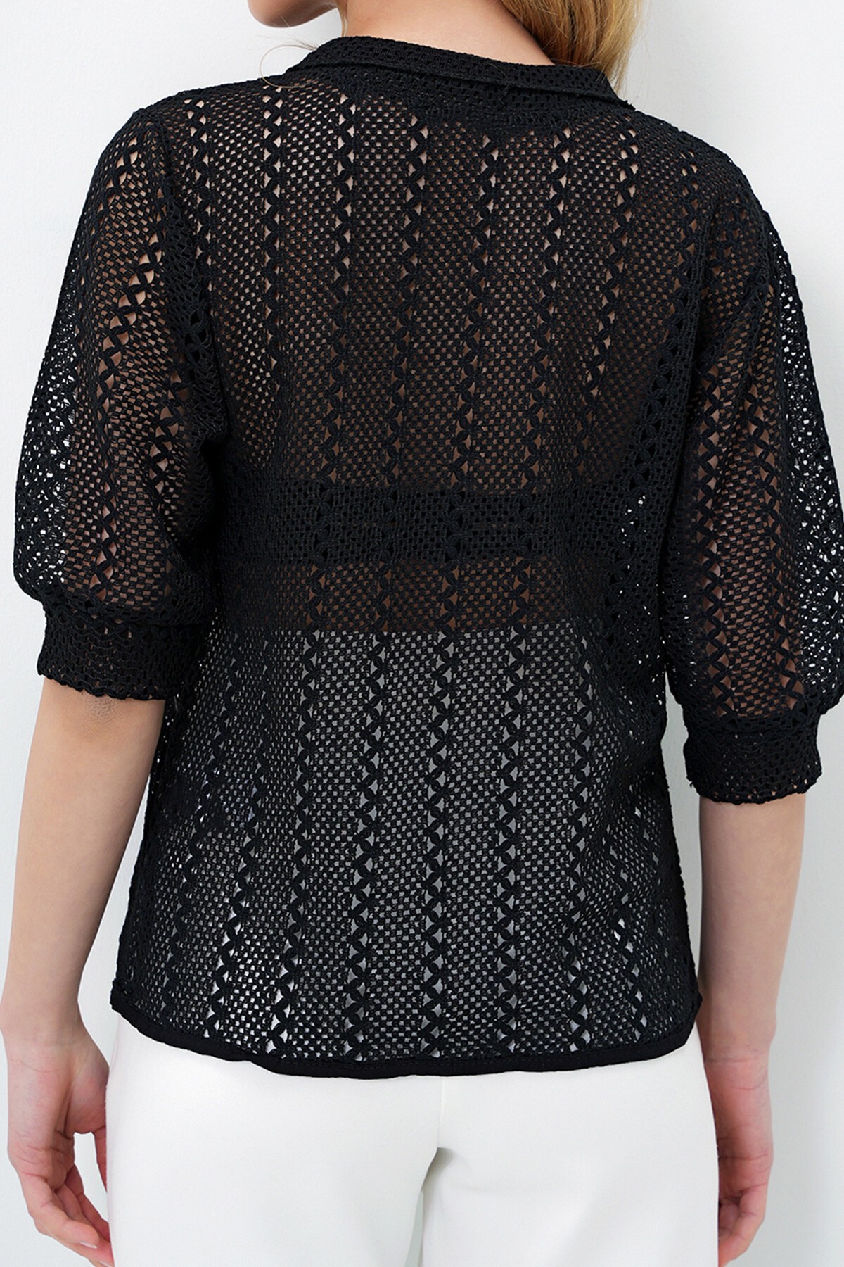 Siyah Bebe Yaka Prenses Kol Düğüm Kapamalı Yazlık Gömlek