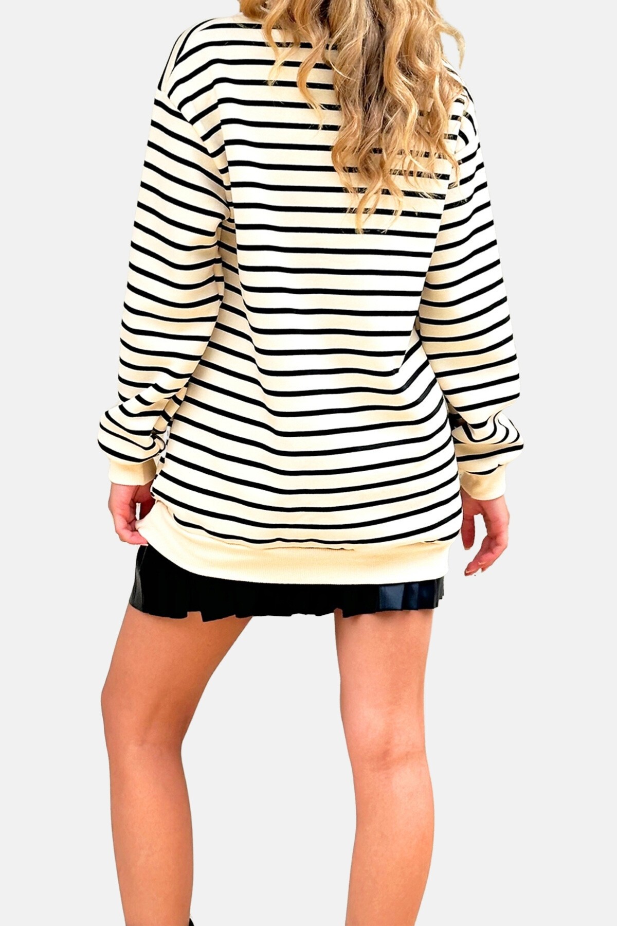 Siyah Bisiklet Yaka Çizgili 3 İplik İçi Şardonlu Sweatshirt