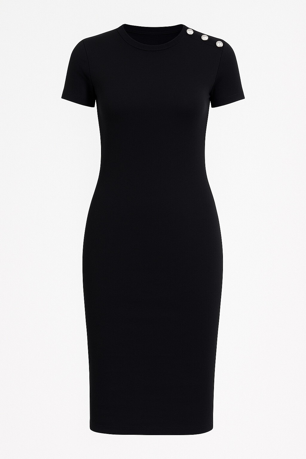 Siyah Bisiklet Yaka Düğme Detaylı Kaşkorse Elbise