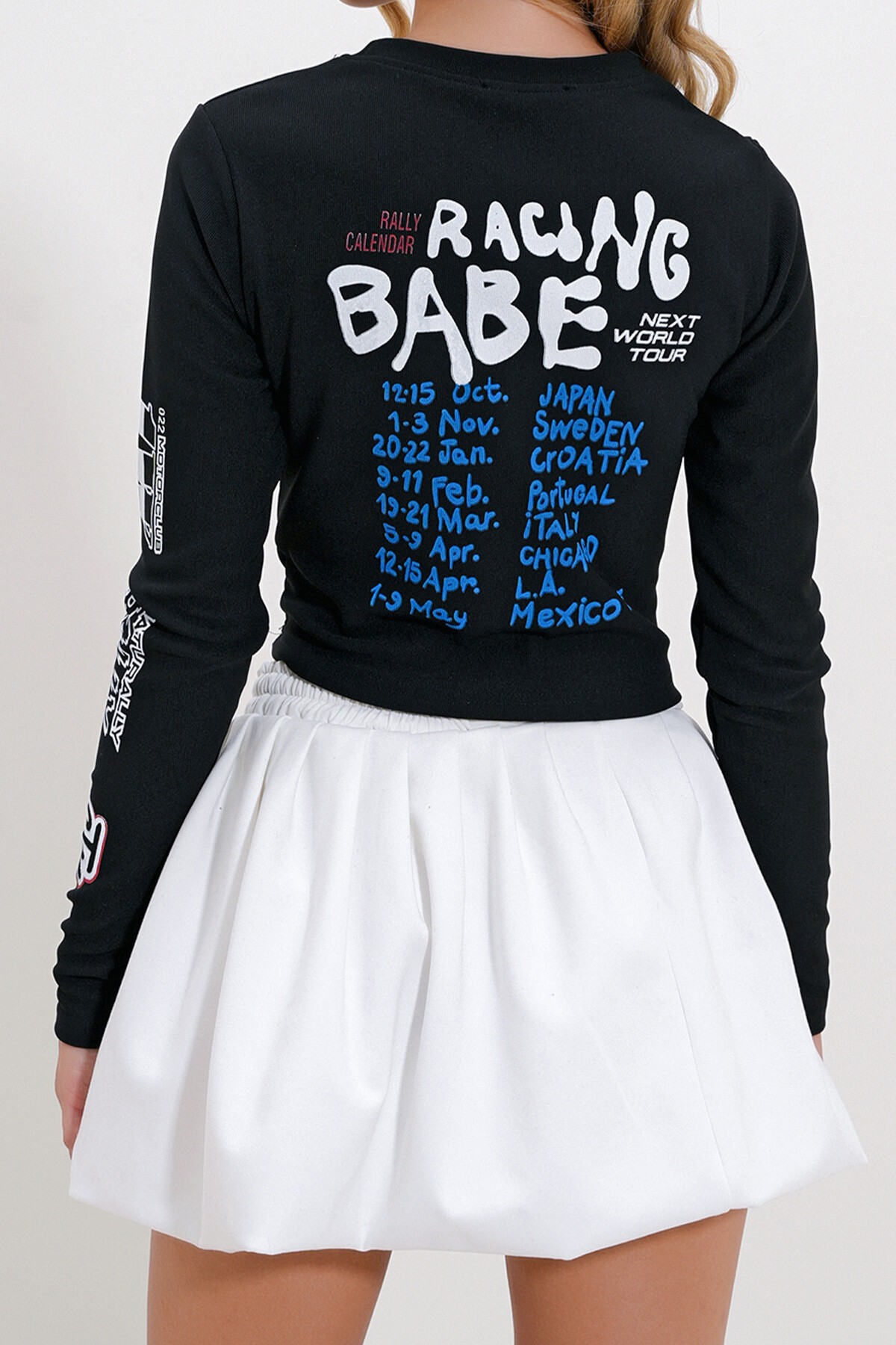 Siyah Bisiklet Yaka Ön Arka Baskılı Uzun Kol Bluz