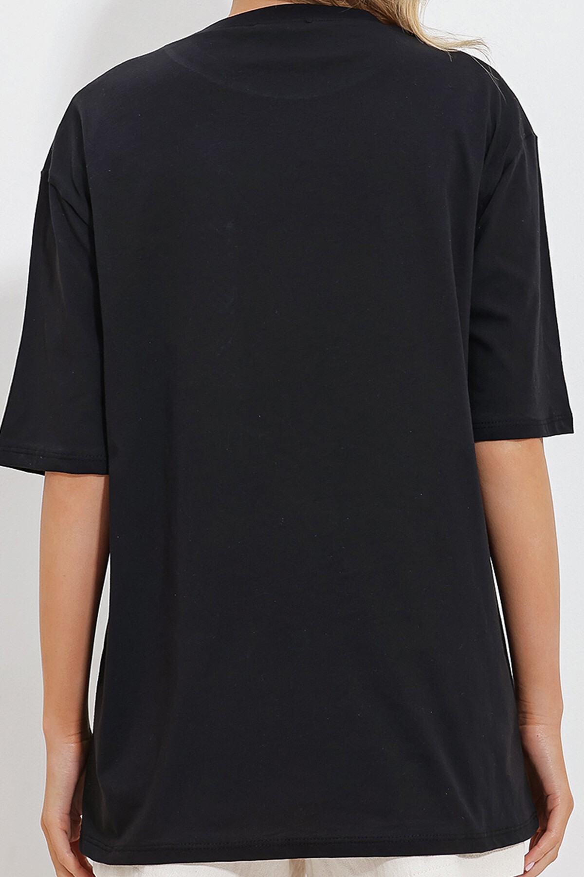 Siyah Bisiklet Yaka Örgü Cepli İki İplik T Shirt