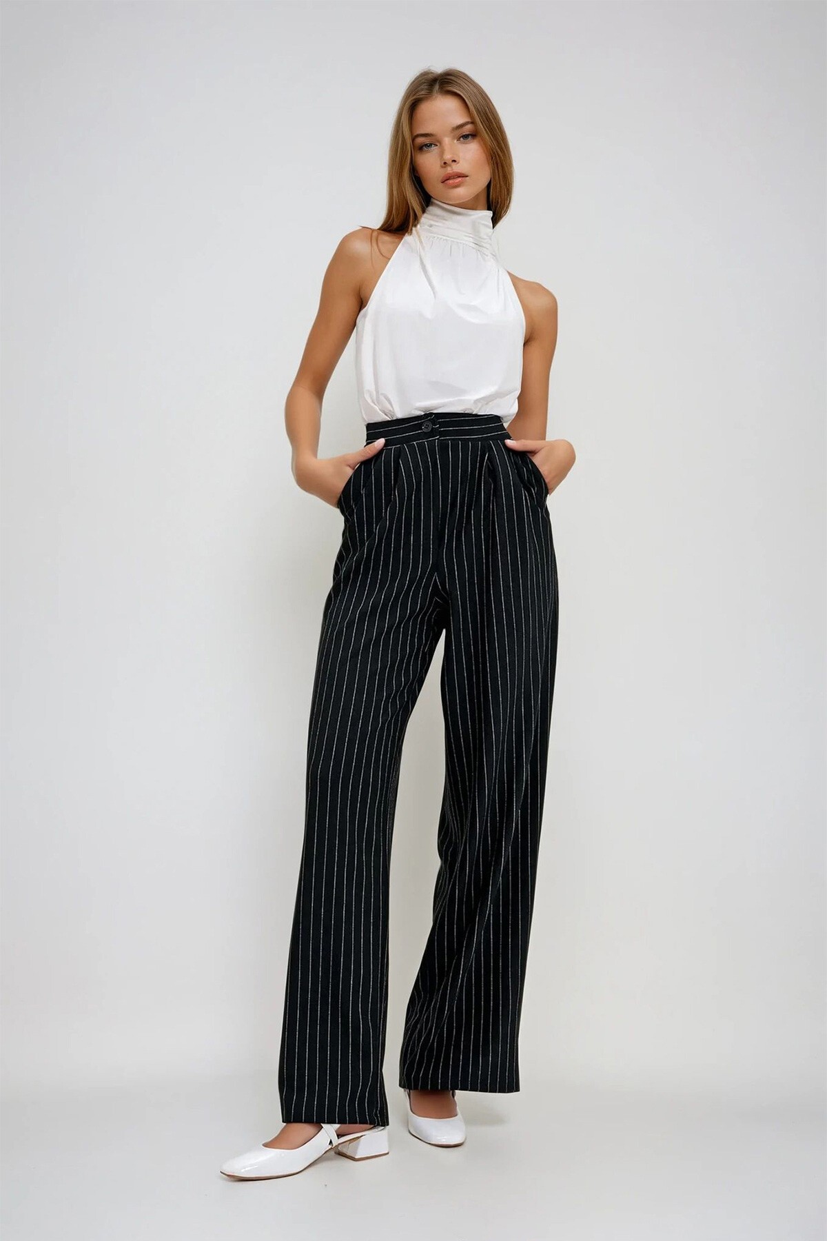 Siyah Çift Cepli Çizgili Palazzo Pantolon