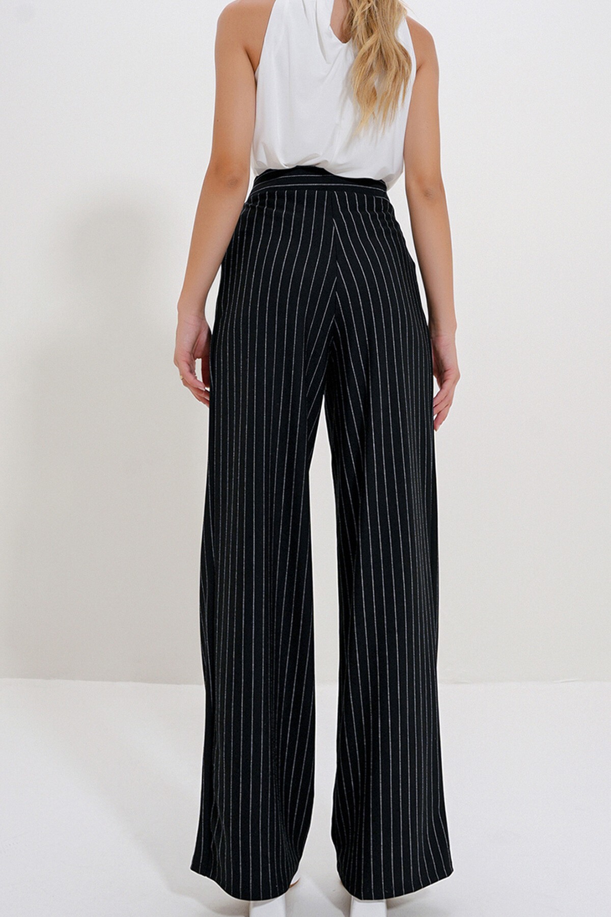 Siyah Çift Cepli Çizgili Palazzo Pantolon