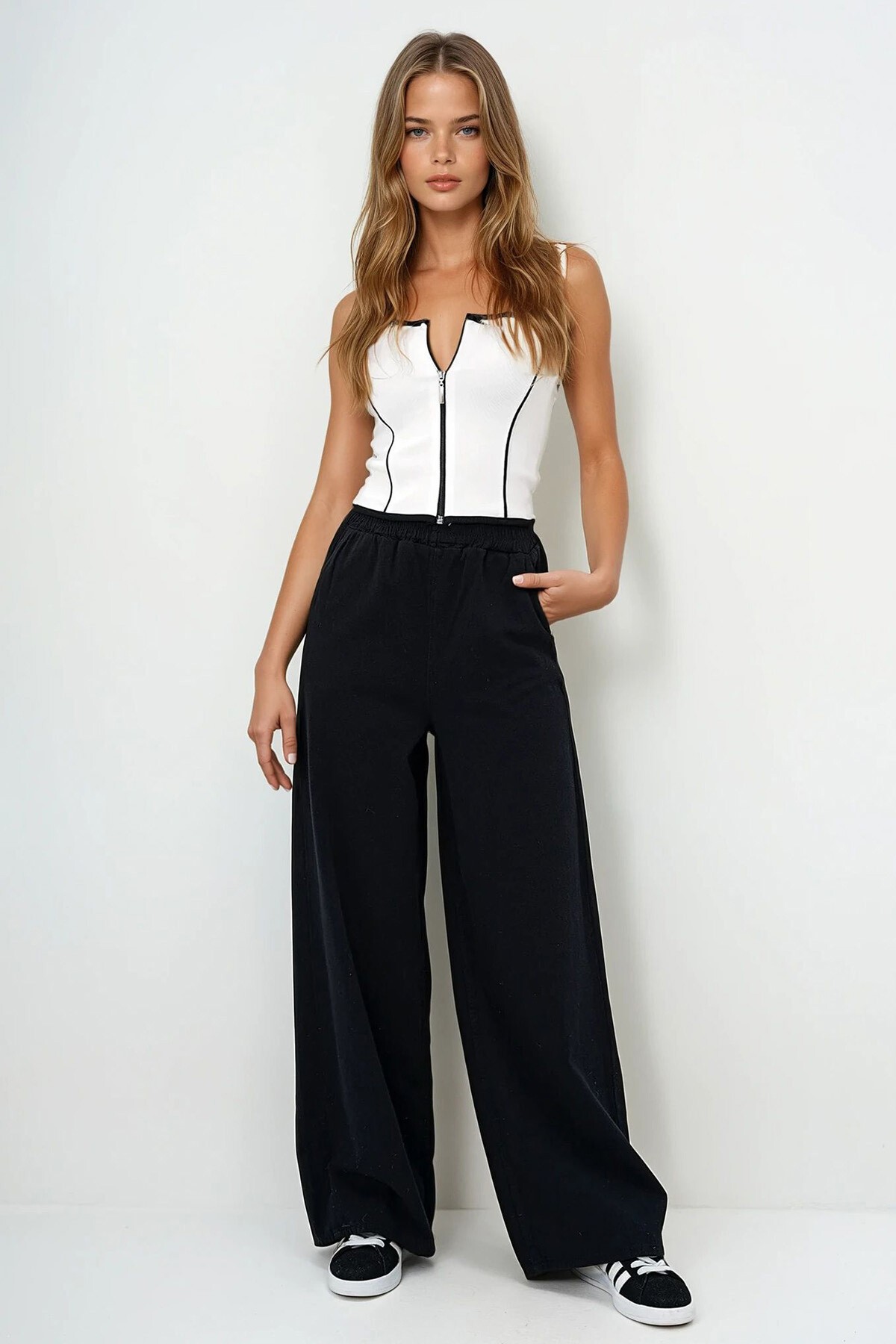 Siyah Çift Cepli Gabardin Palazzo Pantolon