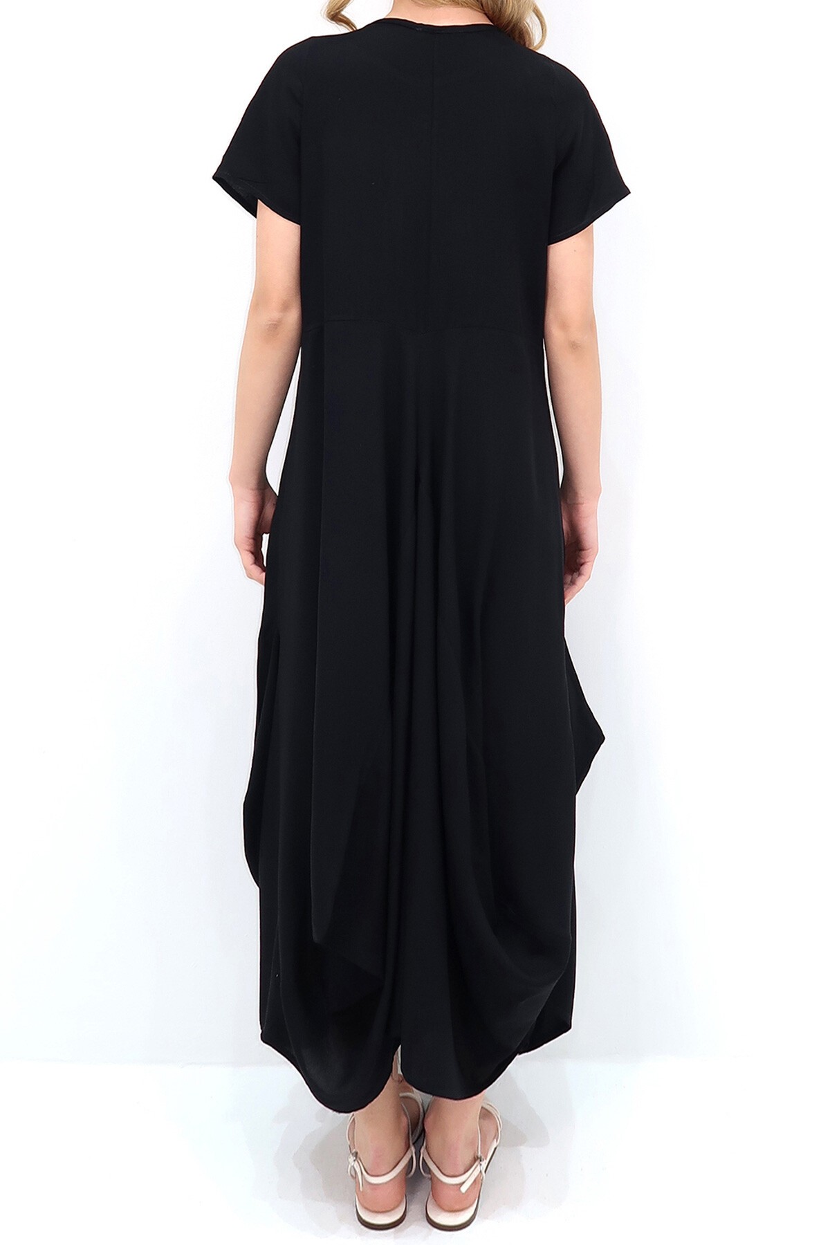 Siyah Çift Cepli Nakış İşlemeli Şalvar Kesim Yazlık Elbise