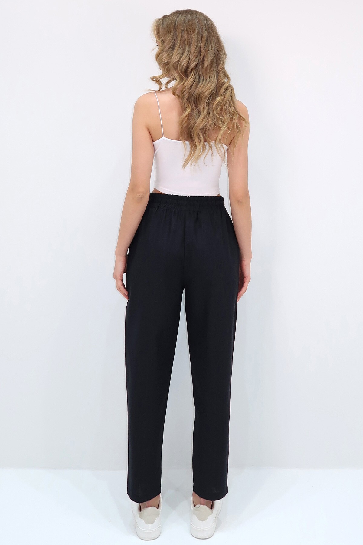 Siyah Çift Cepli Önü Çimalı Keten Görünümlü Baggy Kesim Dokuma Pantolon