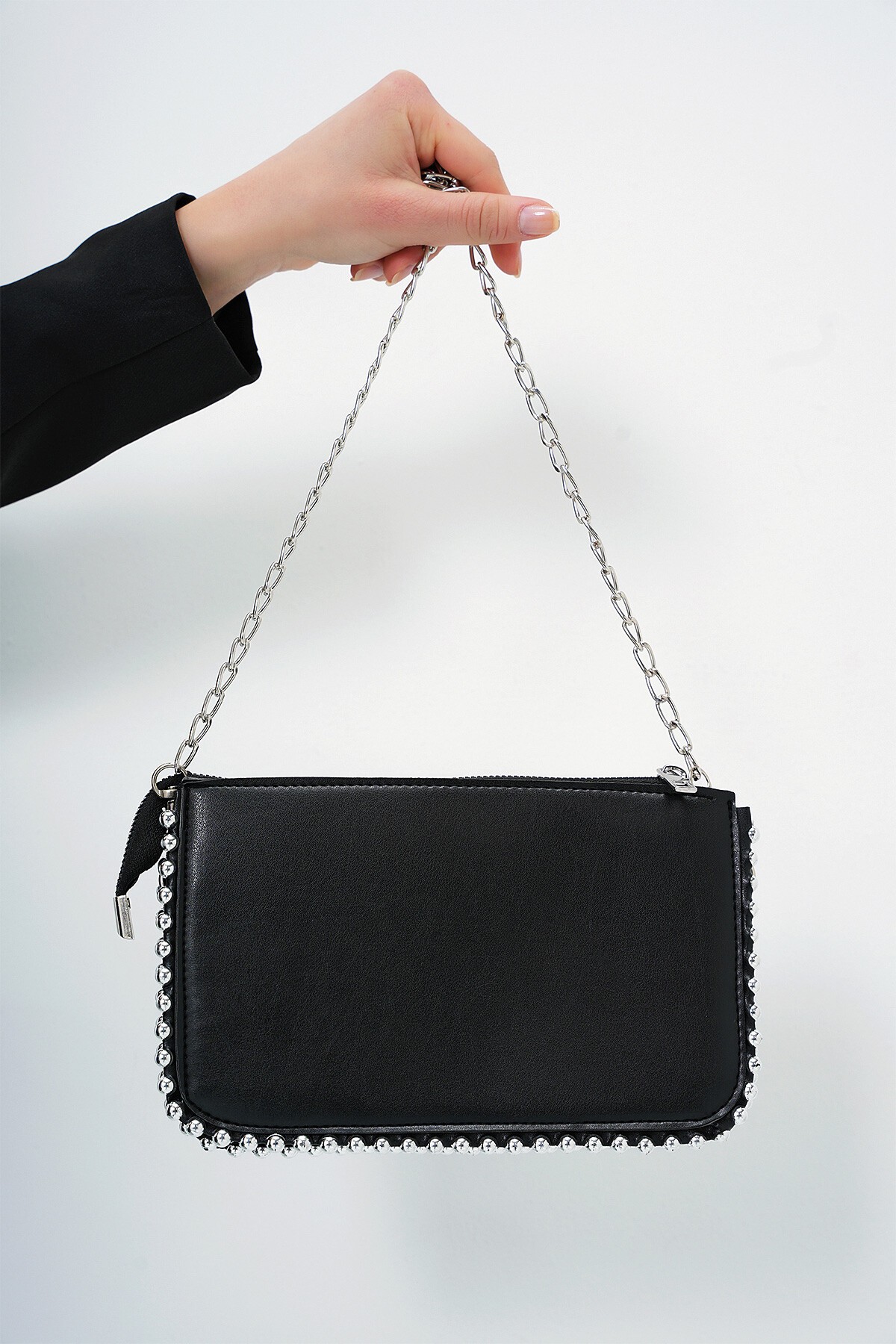 Siyah Çıkarılabilir Zincir Askılı Drop Detaylı Üç Bölmeli El Çantası