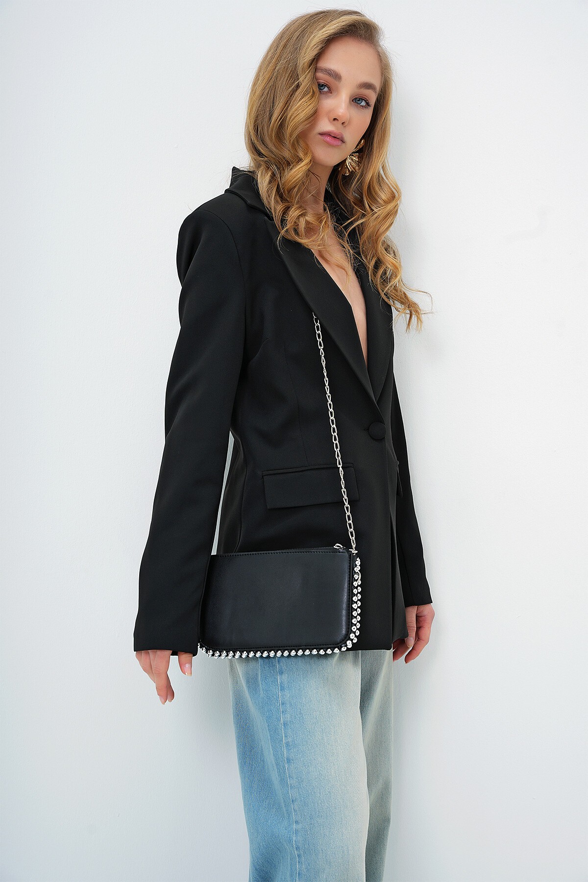 Siyah Çıkarılabilir Zincir Askılı Drop Detaylı Üç Bölmeli El Çantası