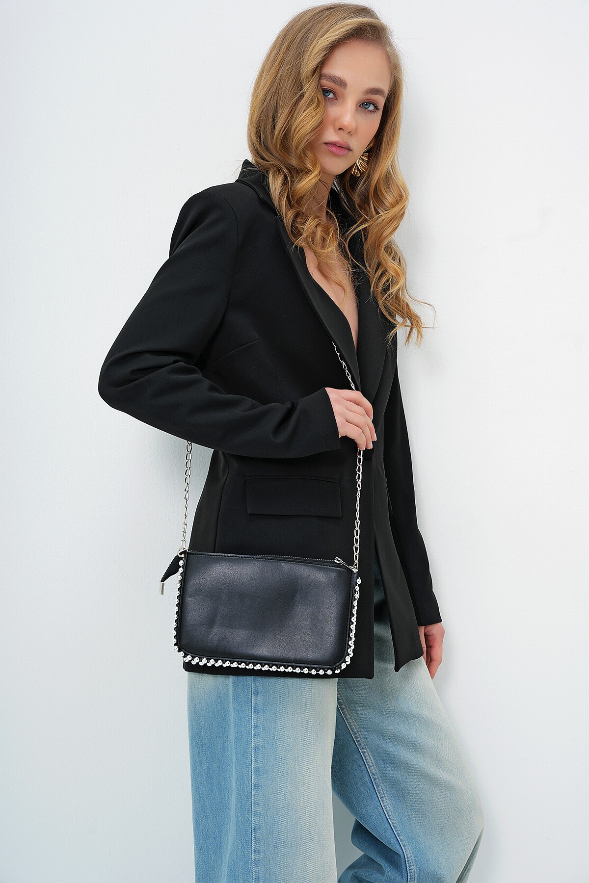 Siyah Çıkarılabilir Zincir Askılı Drop Detaylı Üç Bölmeli El Çantası